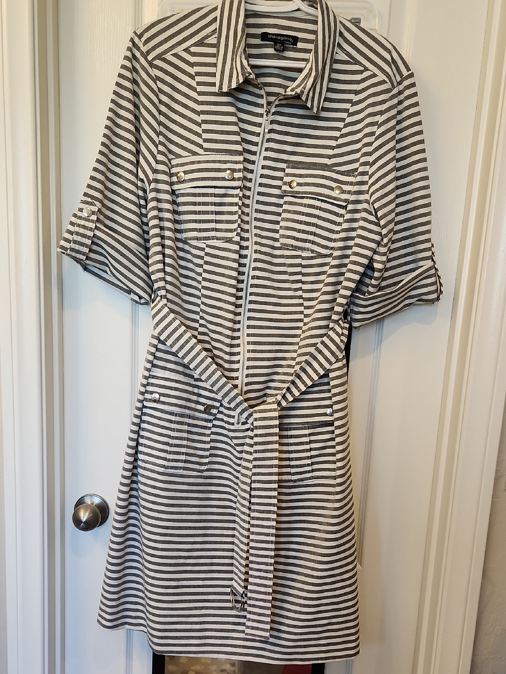 Sharagano 18W Grey and White Striped Utility Dress